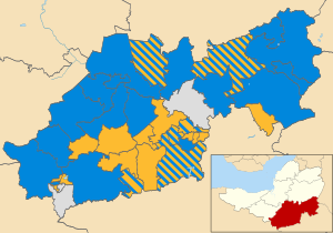 Map of the results of the 2015 South Somerset District Council election. Conservatives in blue, Liberal Democrats in yellow and independents in grey. South Somerset UK local election 2015 map.svg