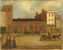 St Lawrence Church, High St, Exeter painted by an unknown author. This painting depicts Exeter's High Street. St Lawrence Church is in the background. St Lawrence Church, which predated the thirteenth-century, was destroyed on 4 May 1942. St Lawrence Church, High St, Exeter.jpg