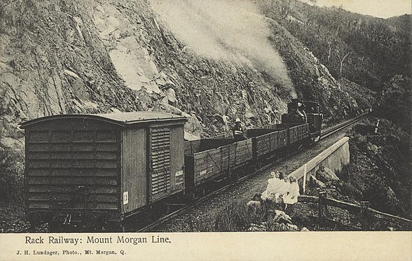 Abt rack railway up the Razorback Range, near Mount Morgan ~1905