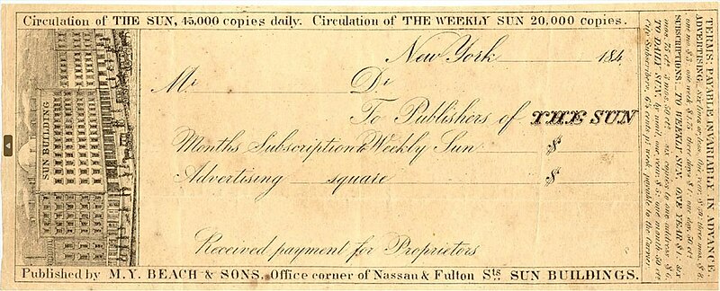 File:Subscription slip, The New York Sun, ca. 1845.jpg