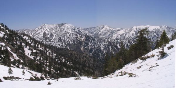 Summits in the eastern San Gabriel Mountains, Angeles National Forest, San Bernardino County, California. The main peaks are: Telegraph Peak 8,985 fee