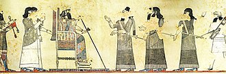 Wall painting from Til Barsip depicting Tiglath-Pileser (sitting) holding court. The official closest to him to the right is his son Shalmaneser V. Tell Ahmar, mural palacio rey Tiglatpileser audiencia sicglo VIII.jpg