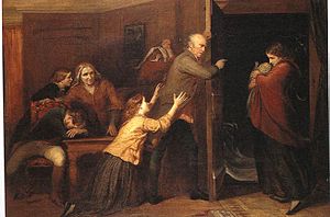 The Outcast, by Richard Redgrave, 1851. A patriarch casts his daughter and her illegitimate baby out of the family home. TheOutcastRichardRedgrave.jpg