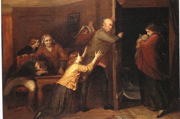 The Outcast, by Richard Redgrave, 1851. A patriarch casts his daughter and her illegitimate baby out of the family home.