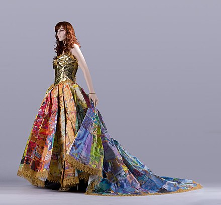 The Golden Book Gown made of recycled and discarded paper book pages.