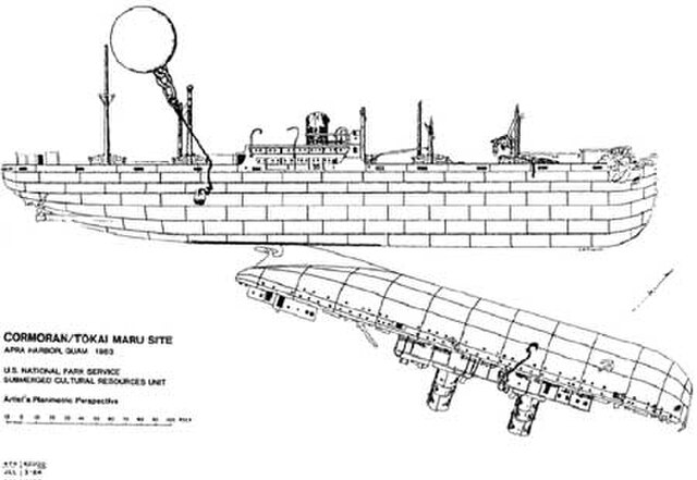 National Park Service illustration of the position of the Cormoran and Tokai Maru wrecks. The drive shaft of Cormoran lies closest to the bottom of th