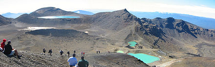 Tongariro Alpine Crossing showing the Emerald Lakes and the Blue Lake.
