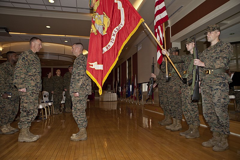 File:U.S. Marines with 2nd Tank Battalion, 2nd Marine Division (2nd MarDiv) stand at position of attention for the National Anthem during Master Gunnery Sgt. Donald L. Frye's, outgoing maintenance management chief 140213-M-HZ136-018.jpg
