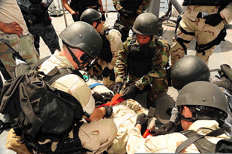 File:U.S. Sailors assigned to a visit, board, search and seizure team and members of the Royal Jordanian Navy attend to a simulated casualty during a bilateral training exercise aboard the amphibious dock landing 120514-N-XO436-268.jpg