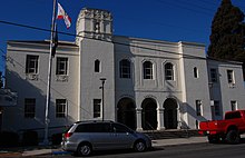 The Spanish Colonial Revival style Veterans Memorial Building, built 1934 USA-Watsonville-Veterans Memorial Building (cropped).jpg