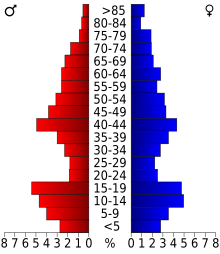 Diagram przedstawiający ludność powiatu według grup wiekowych.  Na czerwono po lewej kobiety, po prawej na niebiesko mężczyźni.