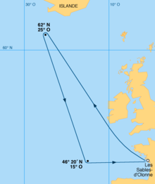 Planisphère, du sud de l'Islande aux Açores. Le parcours dessine un triangle qui part des Sables-d'Olonne, joint un point dans le sud de l'Islande, un autre point au nord-est des Açores et revient aux Sables-d'Olonne.