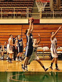 The Wheaton Lyons women's basketball team in blue away-game jerseys against the WPI Engineers WPI vs. Wheaton womens basketball.jpg