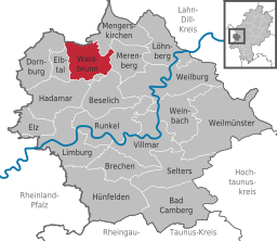 Läget för Waldbrunn (Westerwald) i Landkreis Limburg-Weilburg