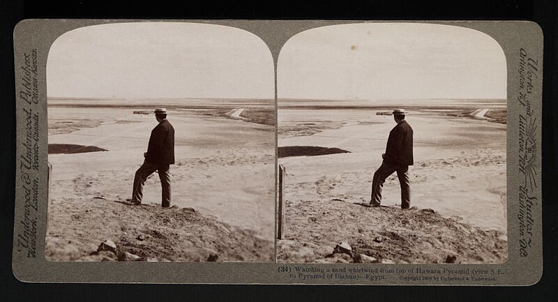 File:Watching a sand whirlwind from top of Hawara Pyramid. (34) (1904) - front - TIMEA.jpg