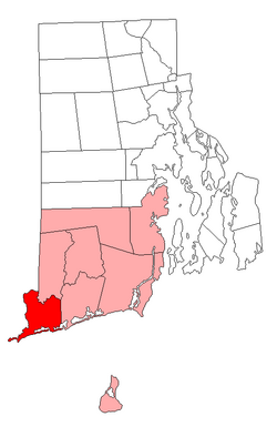 ロードアイランド州におけるワシントン郡（ピンク）とウェスタリー町（赤）の位置