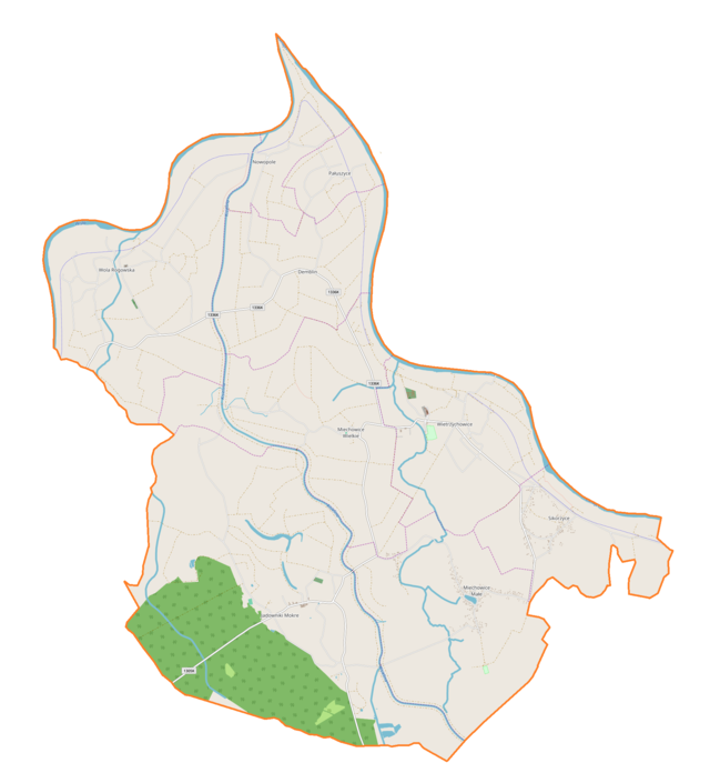 Mapa konturowa gminy Wietrzychowice , blisko centrum na prawo znajduje się punkt z opisem „Kościół Najświętszej Maryi Panny Wniebowziętej”