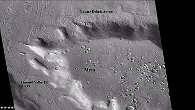 Wide CTX view of mesa showing lobate debris apron (LDA) and lineated valley fill.  Both are believed to be debris-covered glaciers.