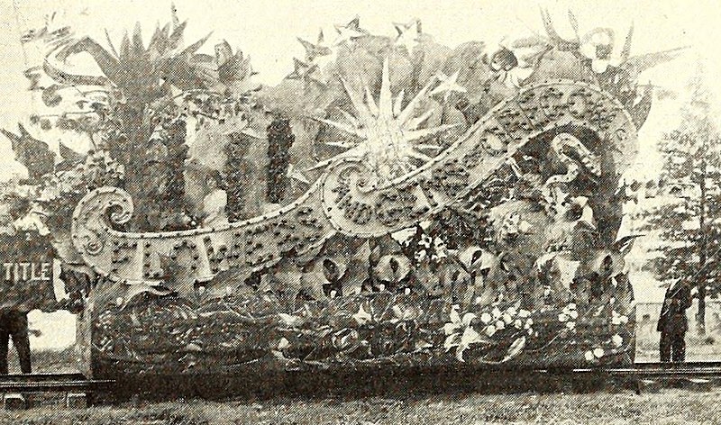 File:"Flowers and Gems of Oregon" - Portland Rose Festival parade, Portland Railway, Light & Power Company locomotive floats detail, from- Electric railway journal (1913) (14738422716) (cropped).jpg