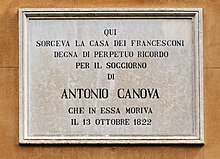 Commemorative plaque at the place of life and death of Antonio Canova, in Rio Orseolo o del Corval (Source: Wikimedia)