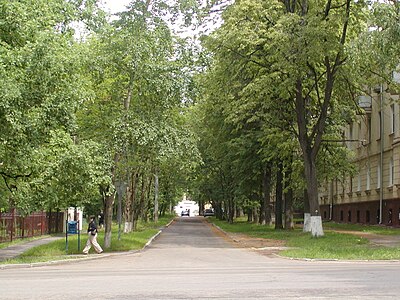 Вид на улицу Мигунова и школу № 1 с пр. Ленина в Обнинске