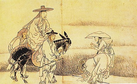 Peasants showing deference to an aristocrat in traditional Korea. In the Sunsan-chugwon narrative, class hierarchies appear when Seokga steals the creator god Mireuk's flower. nosangalhyeondo.jpg