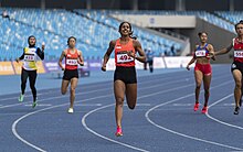 Shanti Pereira winning the 200 metres; she would go on to win the 100 metres as well, becoming the first Singapore sprinter to complete the sprint double at the SEA Games 1 shanti pereira 2023.jpg