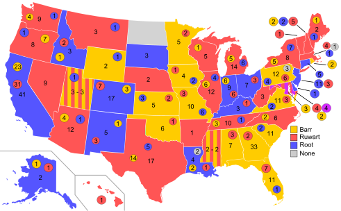 Detailed map on the 5th ballot for the 2008 presidential nomination by individual state delegations 2008LibertarianPresidentialNominationVote5thBallotPathed.svg