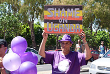 Cape Town Pride 2014 participants protested in support of LGBT rights in Uganda. 20140301-IMG 2317 (12886060184).jpg