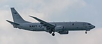 A Boeing P-8 Poseidon, tail number 168761, on final approach at Kadena Air Base in Okinawa, Japan. It is assigned to Patrol Squadron 45 (VP-45) at NAS Jacksonville, Florida, United States.