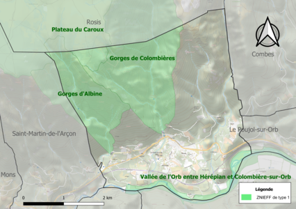 Carte des ZNIEFF de type 1 sur la commune.