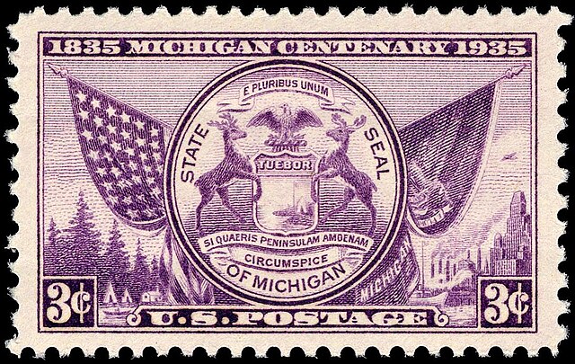 Commemorative stamp, issue of 1935, celebrating the 100th anniversary of Michigan statehood.