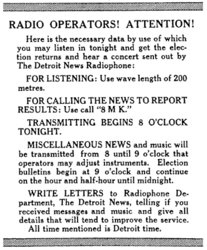 Front page announcement in the August 31, 1920 Detroit News introducing the "Detroit News Radiophone" 8MK inaugural broadcast announcement.gif