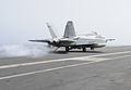 A U.S. Navy F-A-18E Super Hornet aircraft assigned to Strike Fighter Squadron (VFA) 147 lands aboard the aircraft carrier USS Nimitz (CVN 68) in the Indian Ocean June 11, 2013 130611-N-TI017-183.jpg