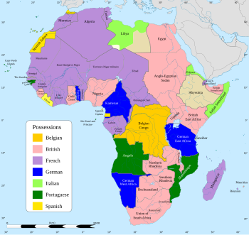 Areas controlled by European colonial powers on the African continent in 1914 Africa map 1914.svg