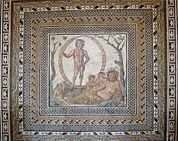 Mosaic floor depicting Aion and Tellus in richly-patterned framing from Sentinum (Glyptothek, Munich) Aion mosaic Glyptothek Munich W504 full.jpg