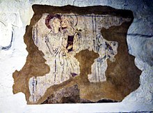 Wall painting of the Visitation, 13th century, All Saints' Church, Dale Abbey. All Saints Dale Abbey visitation.jpg