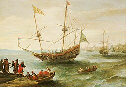 A square-rigged ship leaving a harbor