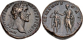 Император Антонин Пий коронует Сохемоса. Римская монета 141—143 гг.