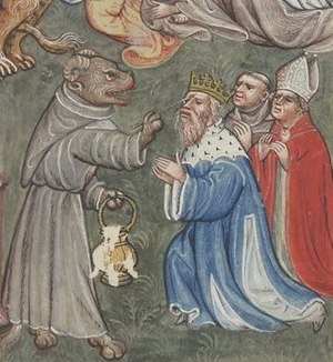 Apocalypse flamande - BNF Néerl3 f.14r Dragon, beast from the sea and false prophet - сrop3.jpg
