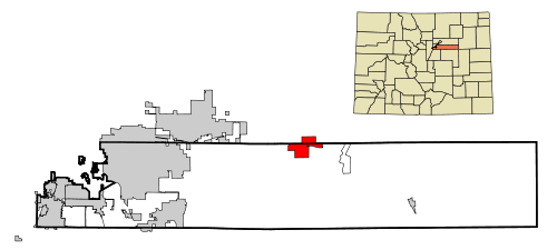 Location of the Strasburg CDP in Adams and Arapahoe County, Colorado.