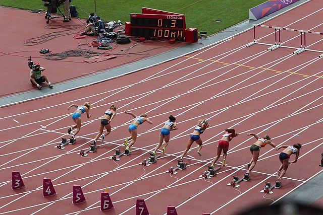 Schippers in lane 8 during the 100 metres hurdles of the heptathlon at the 2012 London Olympics.