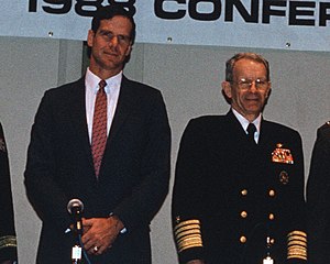 Kenneth Berquist with Vice Chief of Naval Operations Leon A. Edney in November 1988 Attending the 1988 Navy-Marine Corps Family Support Conference in Norfolk, Virginia (cropped).jpg