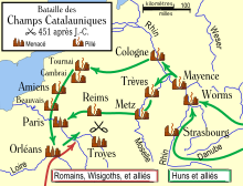 Routes van de Hunnen in Germanië en Gallië naar Orléans in 451.