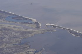 An aerial view of the mouth of the Bad River (center) and adjacent wetlands in 2006