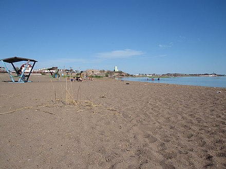 Picture of the Balkhash town beach. The picture is a bit flattering as there is a large factory in the other direction.