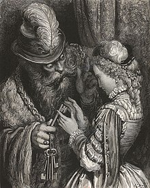 Gravure en noir et blanc montrant un homme barbu coiffé d'un chapeau présentant un trousseau de clé à une jeune femme, l'air menaçant.