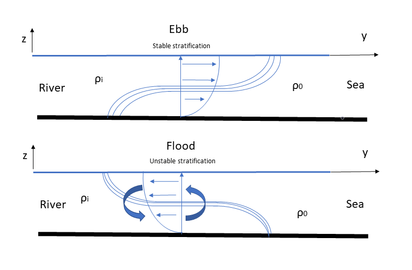 Tidal variation in plume stratification. Tidal straining for ebb flows and tidal mixing for flood flows. Baroclininc schematic tidal straining.png