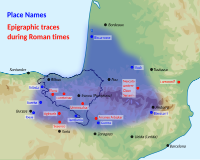 Geographical traces of the Basque language. Blue dots: place names; red dots: epigraphic traces (gravestones, etc) in Roman times; blue patch: maximum extension. Basque Geographical Traces.svg