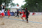 Deutsch: Beachhandball Europameisterschaften 2019 (Beach handball Euro); Tag 3: 4. Juli 2019 – Männer, Hauptrunde Gruppe II, Frankreich-Kroatien 0:2 (16:24, 10:27) English: Beach handball Euro; Day 3: 4 July 2019 – Men Main Round Group II – France-Croatia 0:2 (16:24, 10:27)